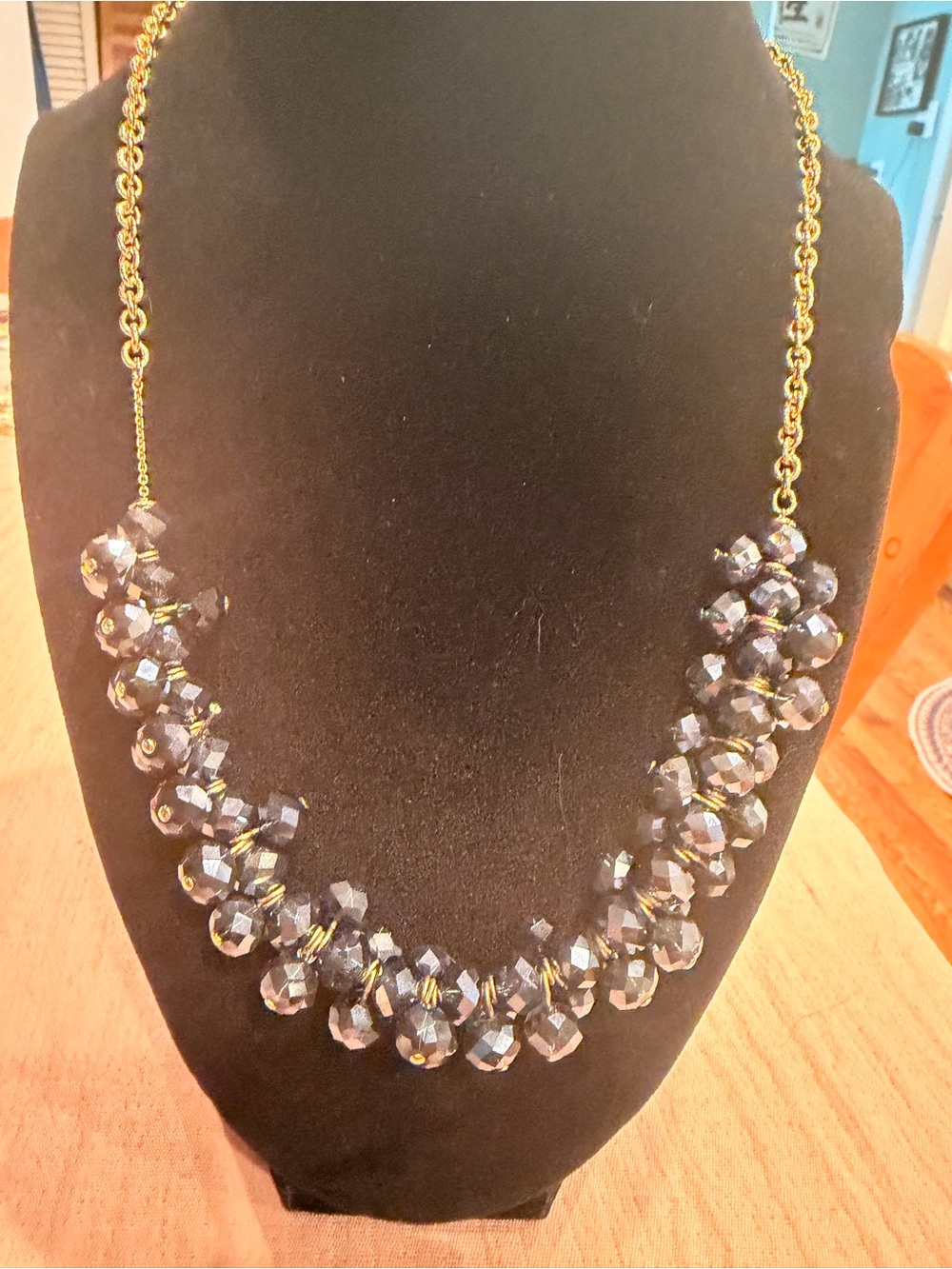 Ann Taylor Gold Chain Dark Blue Crystal Cluster Necklace